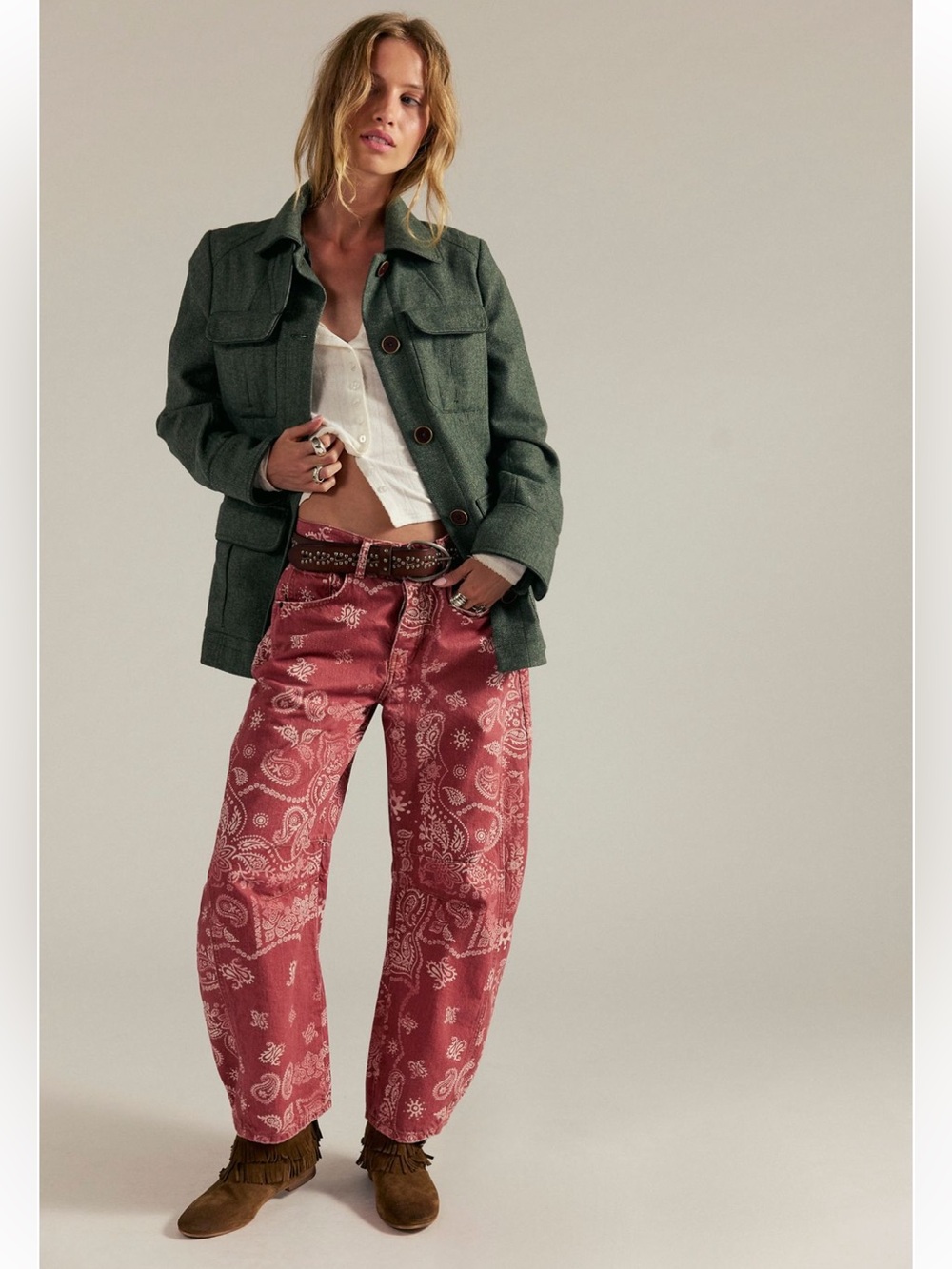 We The Free Good Luck Printed Barrel Jeans 26 Free people boho Paisley high rise